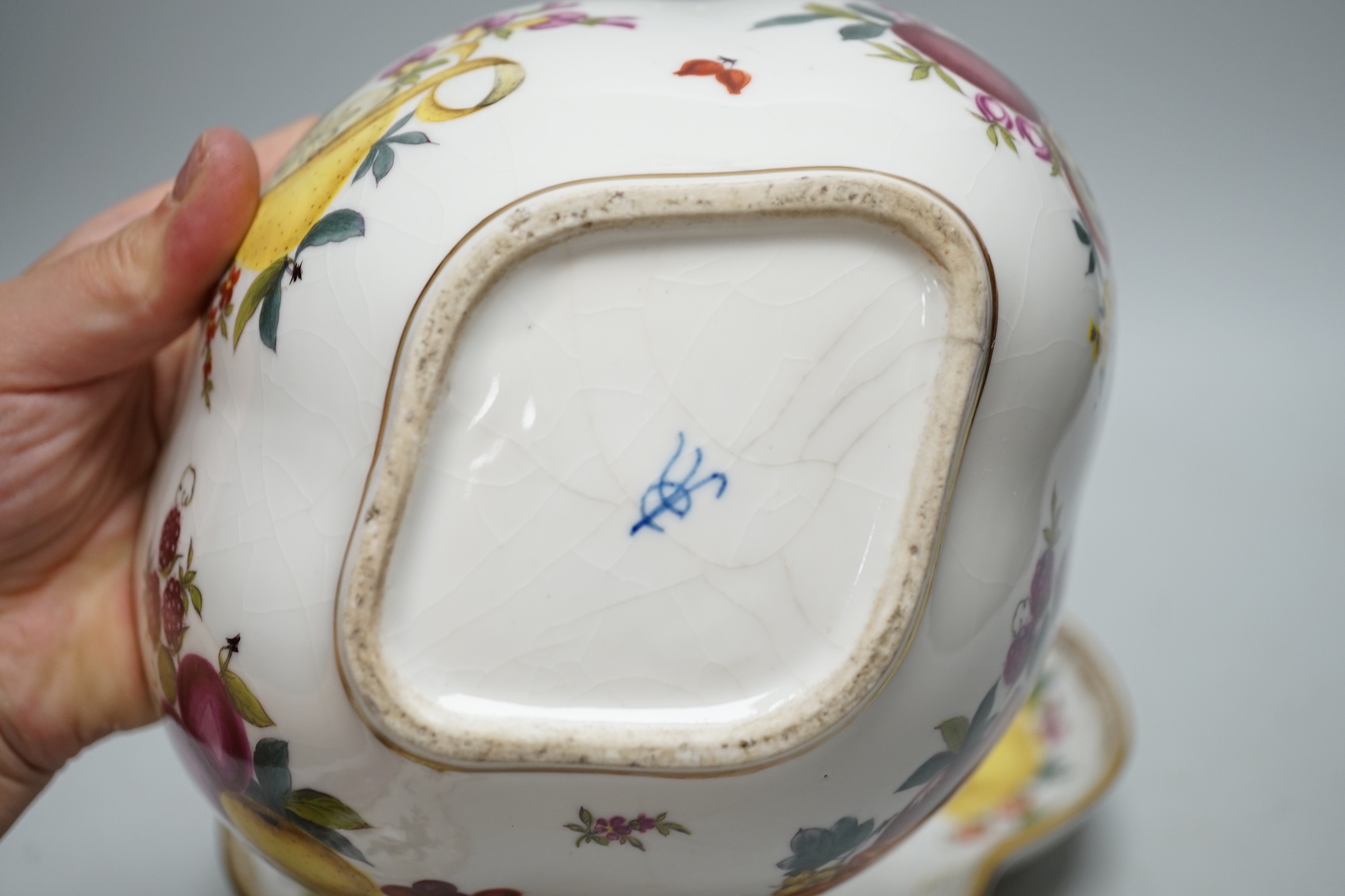 A Helena Wolfsohn Dresden tureen, cover and stand together with a floral porcelain basket (2), largest 21cm wide